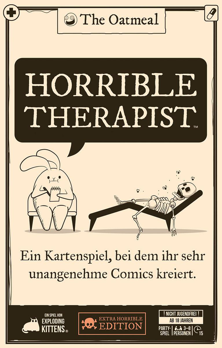 Ein Hase sitzt auf einem Stuhl, ein Skelett liegt auf einer Liege.