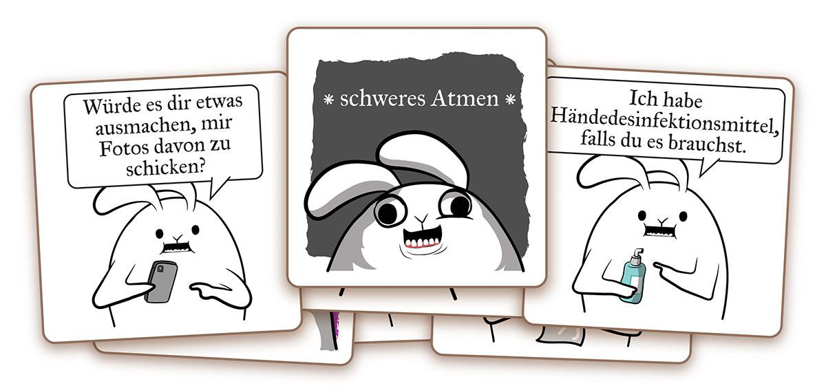 Drei Karten mit Comic-Hasen. Einer fragt nach Fotos, einer atmet schwer, einer hält Desinfektionsmittel.