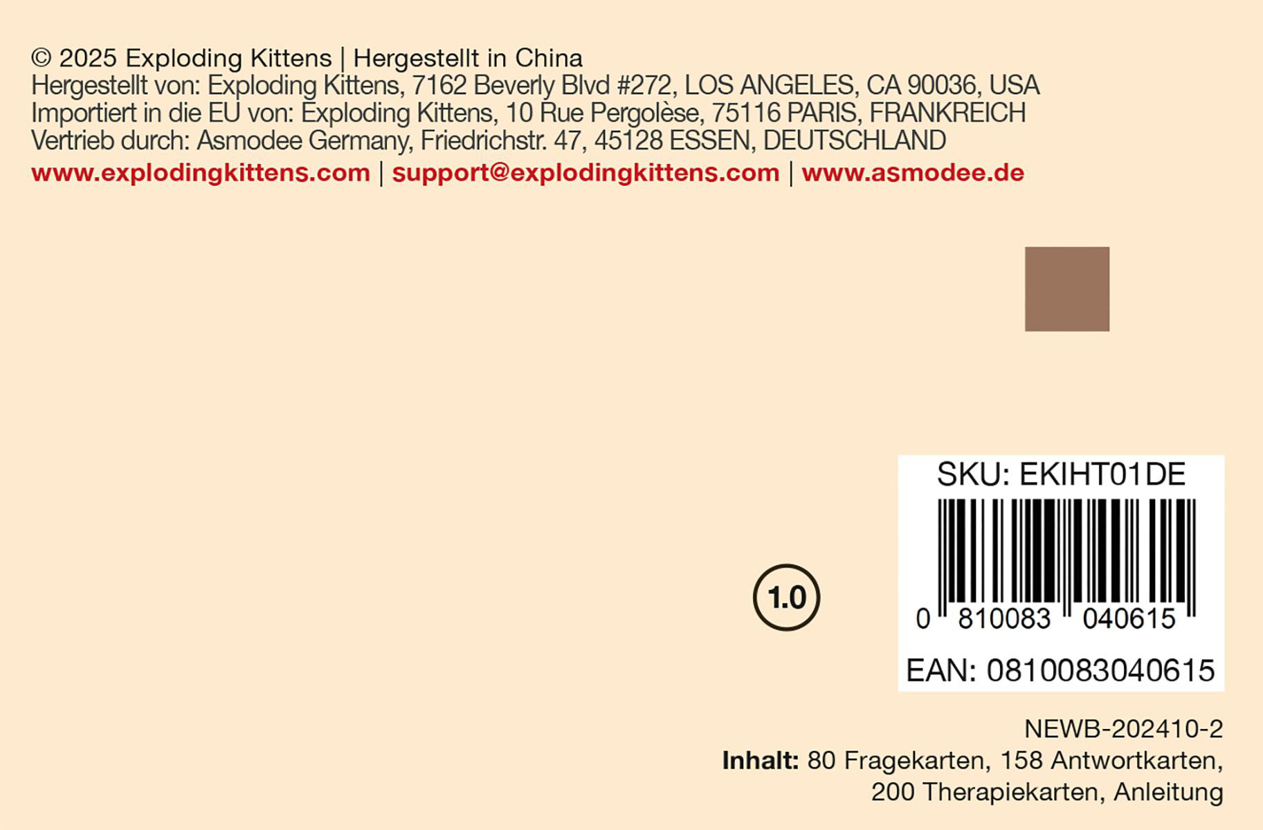 Produktinformationen mit SKU und EAN, Herstellungsdetails und Webadressen.