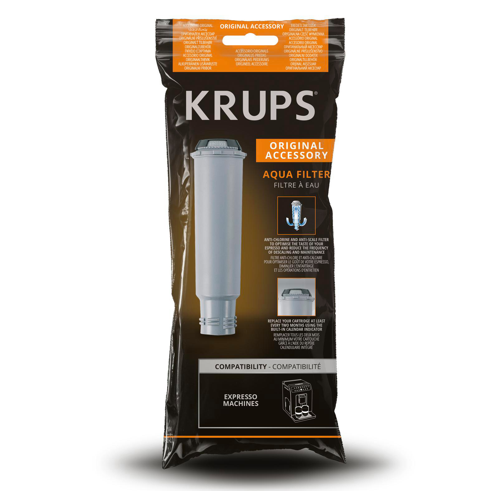Krups Aqua Filter Packung mit einem grauen Wasserfilter und Informationen.
