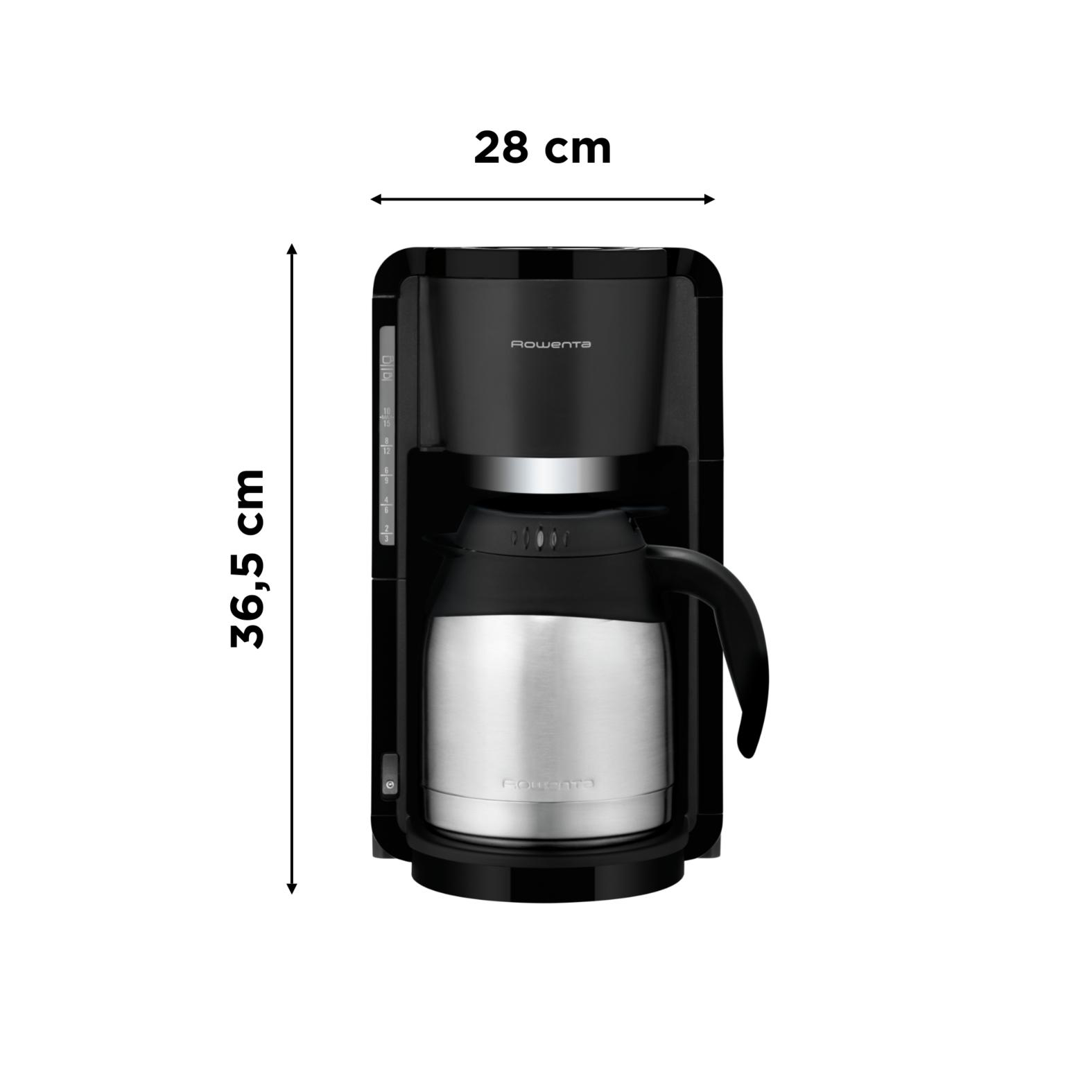 Schwarze Kaffeemaschine mit silberner Thermoskanne. Maße: 28x36,5 cm.