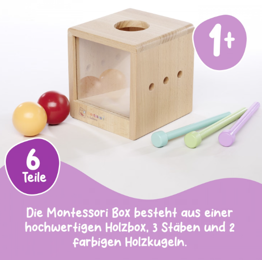 Holzbox mit 2 Kugeln und 3 Stäben. Altersempfehlung: 1+ Jahre.