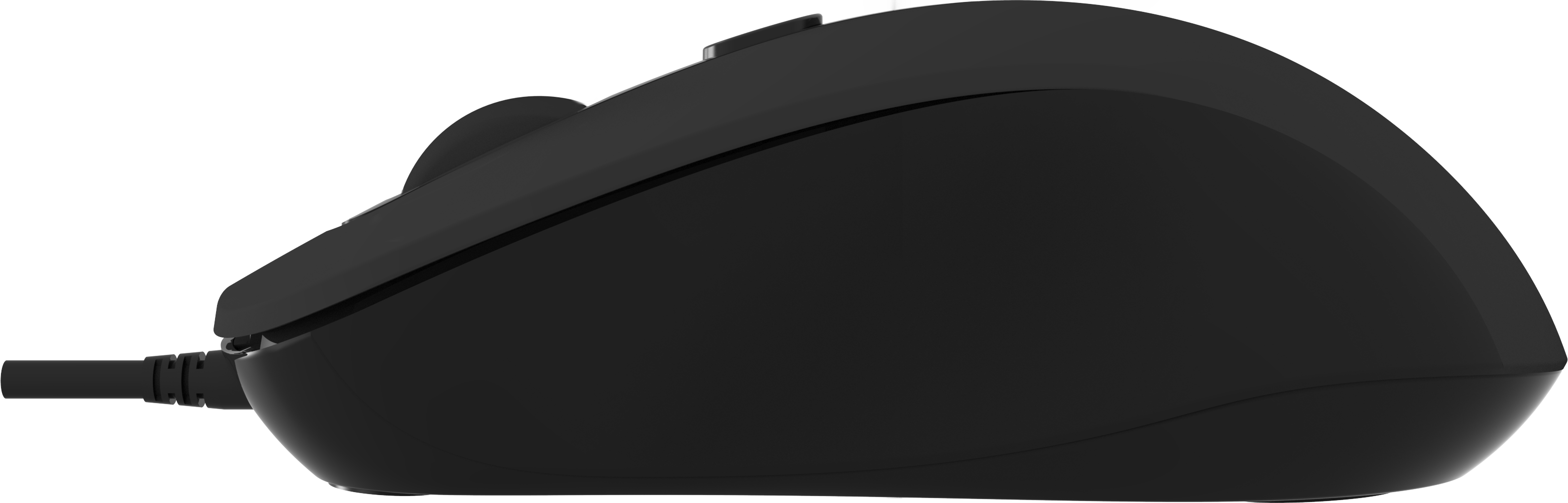 Schwarze Computermaus mit Kabel im Seitenprofil.