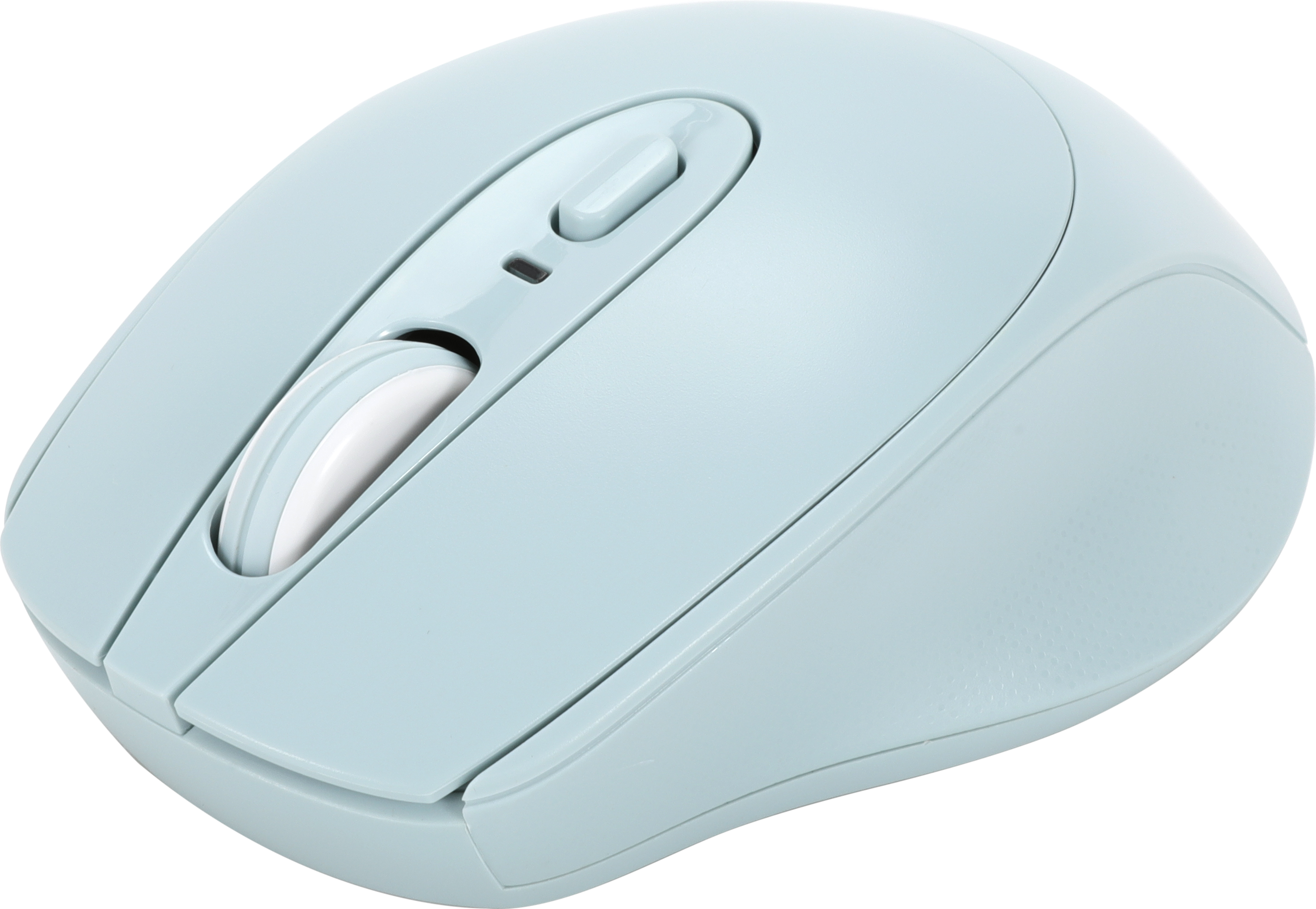 Ein hellblauer Computer-Maus mit Scrollrad und Tasten auf weißem Hintergrund.