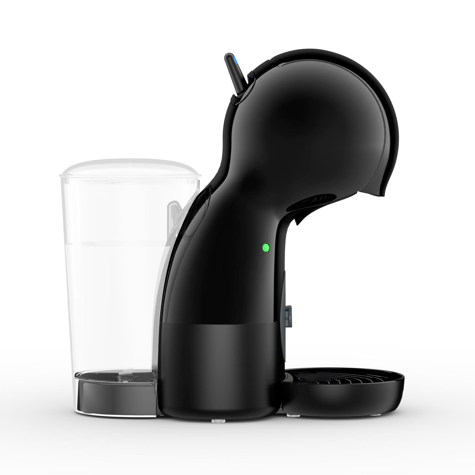 Schwarze Kaffeemaschine mit Wassertank und Tropfschale.