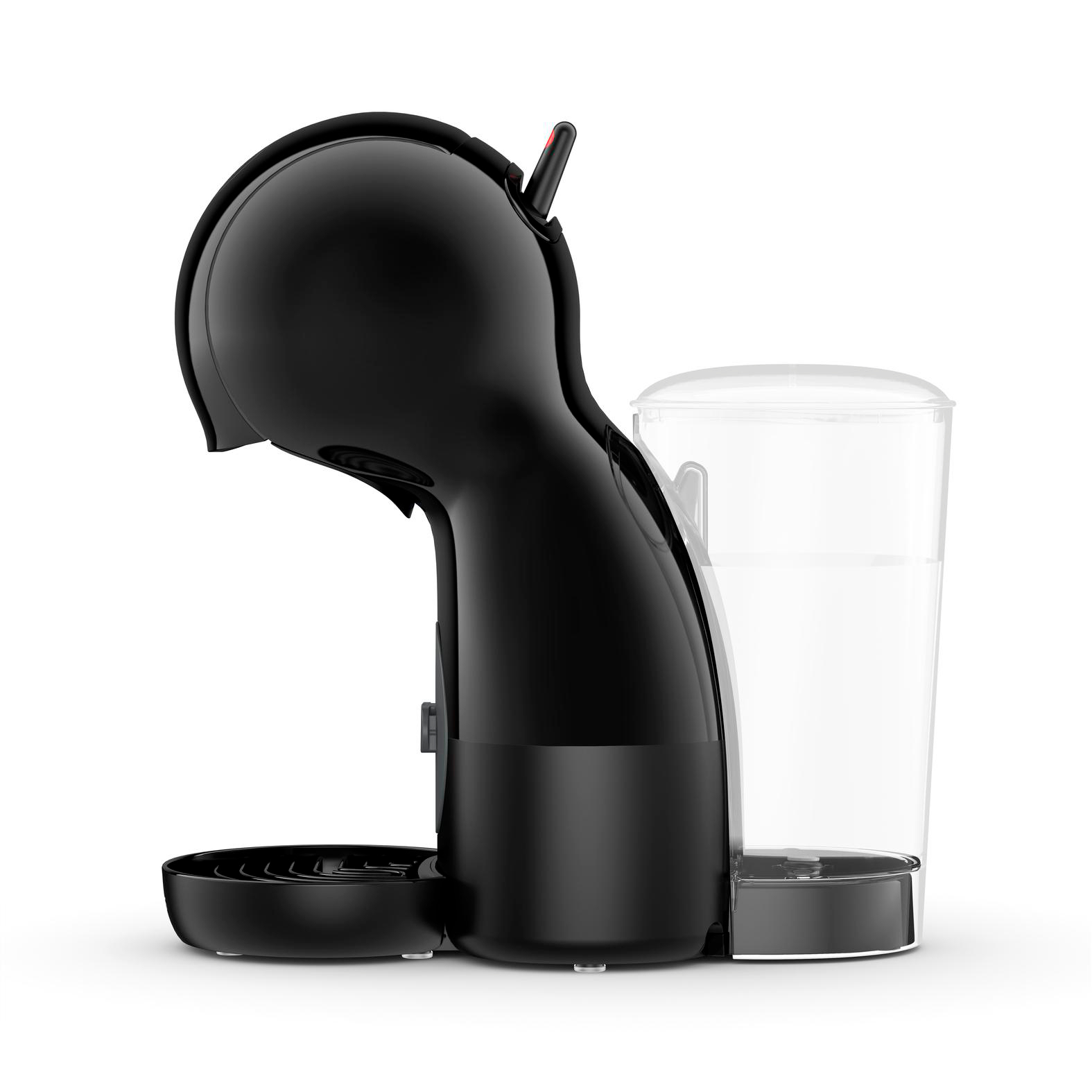 Schwarze Kaffeemaschine mit transparentem Wassertank auf weißem Hintergrund.