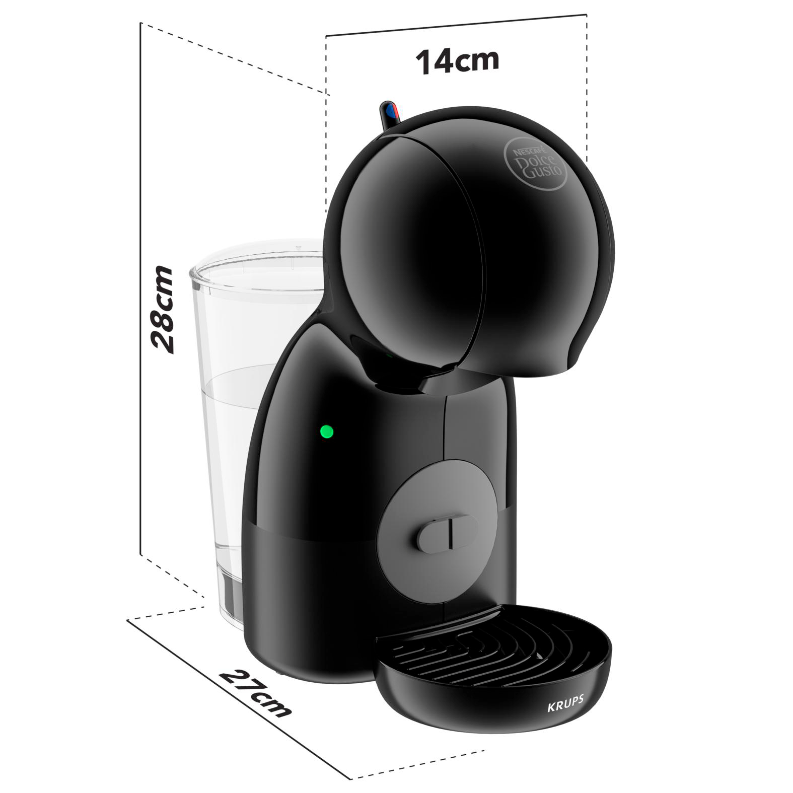 Schwarze Dolce Gusto Kaffeemaschine mit einem Glas Wasser und Maßen.