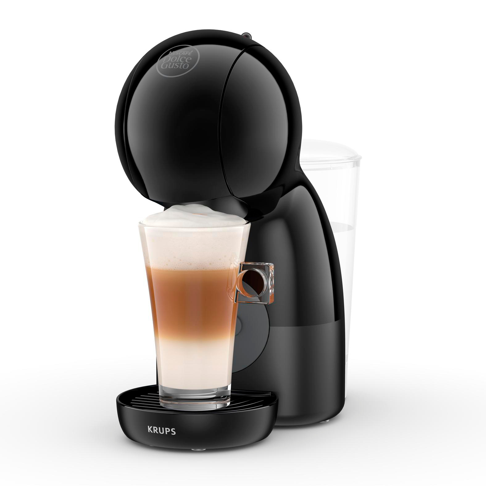 Schwarze Kaffeemaschine mit einem Glas Latte Macchiato, gefüllt mit Milchschaum.