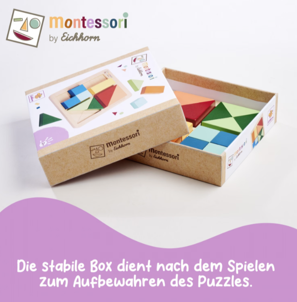 Offene Box mit bunten Holzbausteinen und Montessori-Logo.