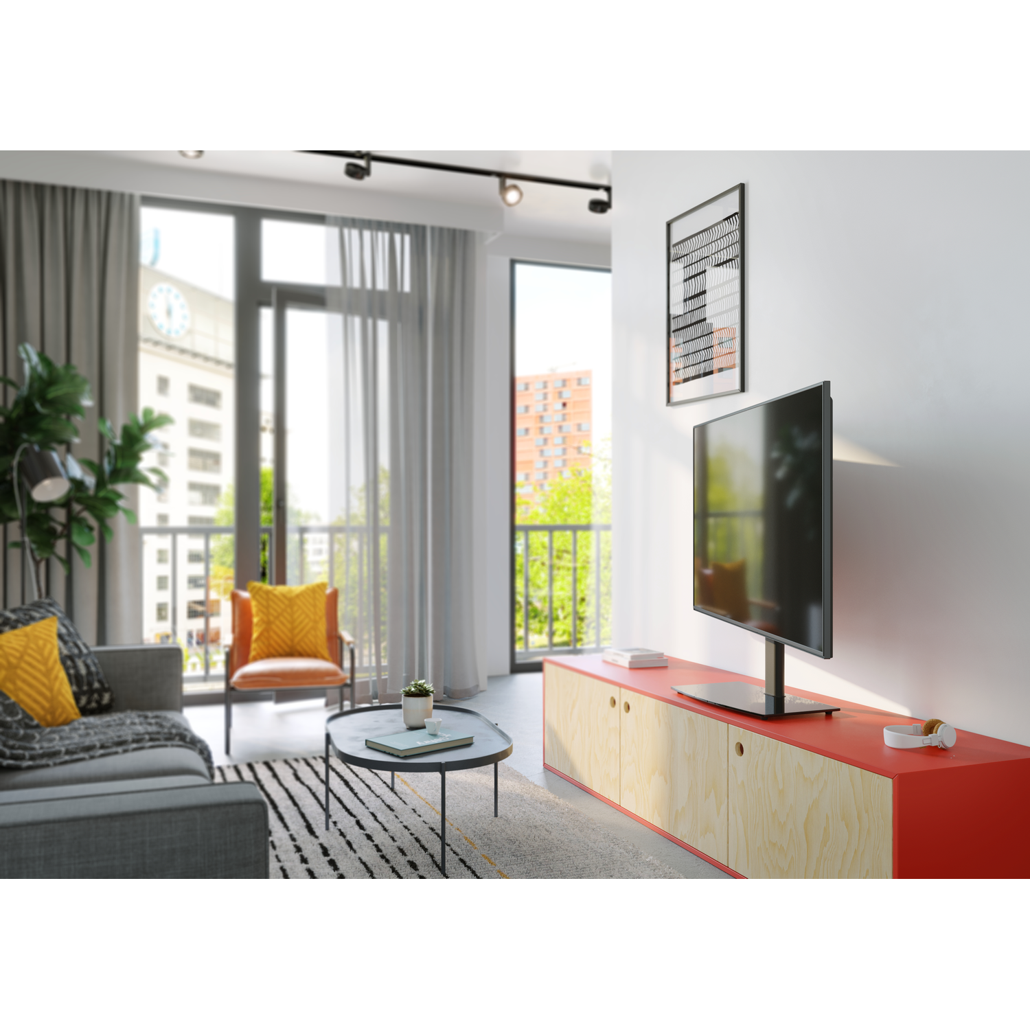 Moderne woonkamer met bank, fauteuil, salontafel en televisie.