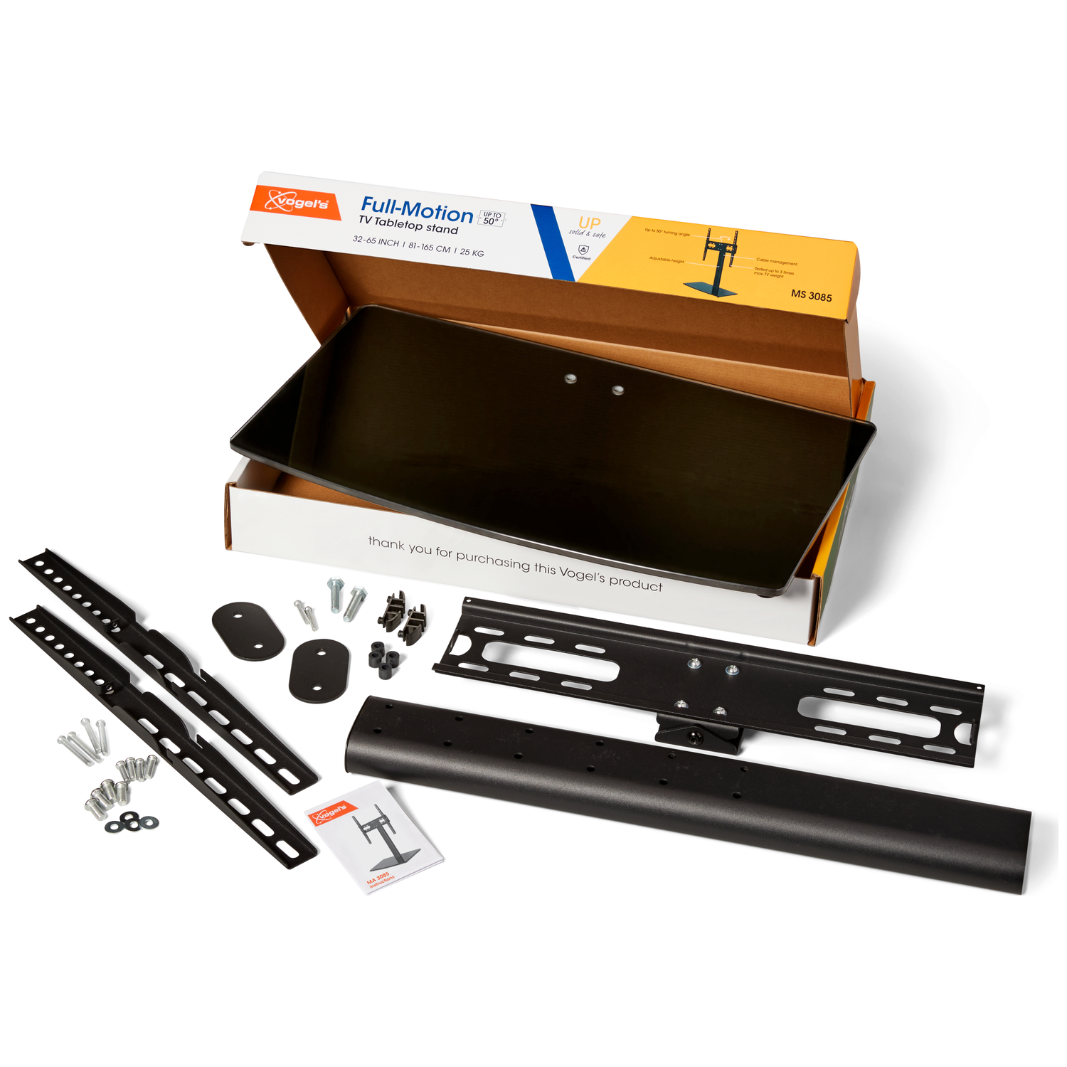 Vogel's TV tafelstandaard met accessoires en verpakking.