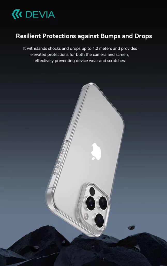 Átlátszó telefontok Apple logóval, sötét sziklás háttér előtt.