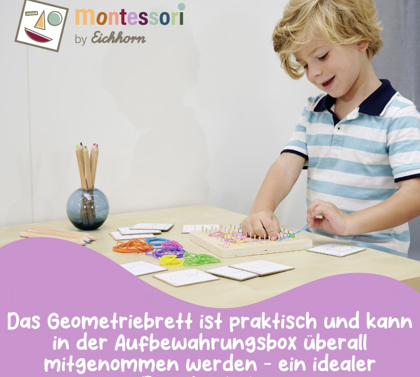 Ein Junge spielt mit einem Montessori Geometrie-Brett und bunten Gummibändern.