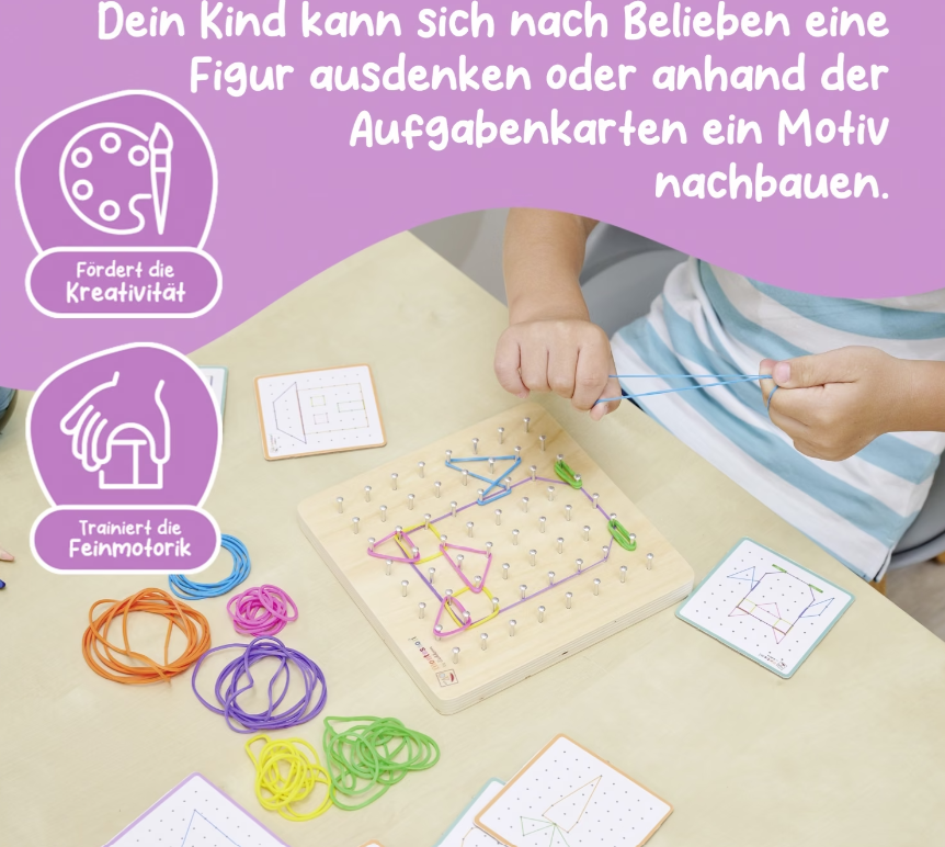 Ein Kind spielt mit einem Nagelbrett und Gummibändern, um Muster zu erstellen.
