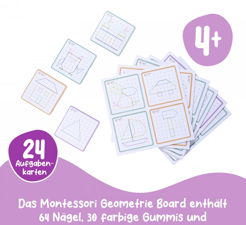 Montessori Geometrie Karten mit bunten Linienformen auf Punktgittern.