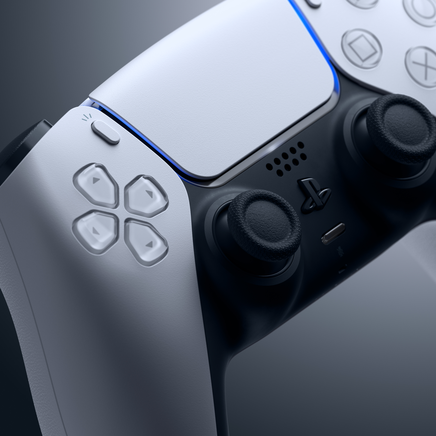 Een witte en zwarte gamingcontroller met blauwe lichten.
