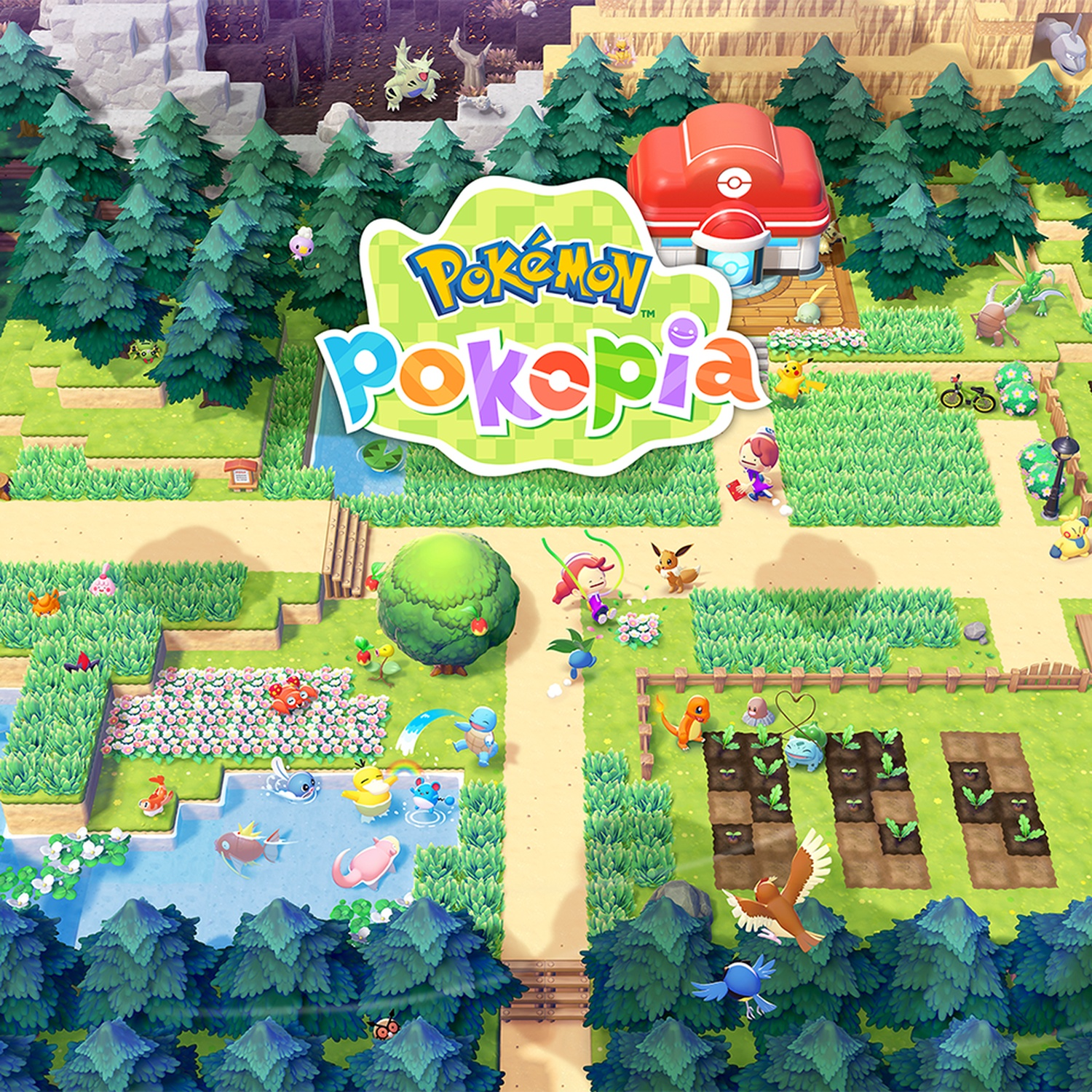 Een kleurrijke Pokémon-wereld met bomen, water en spelpersonages.