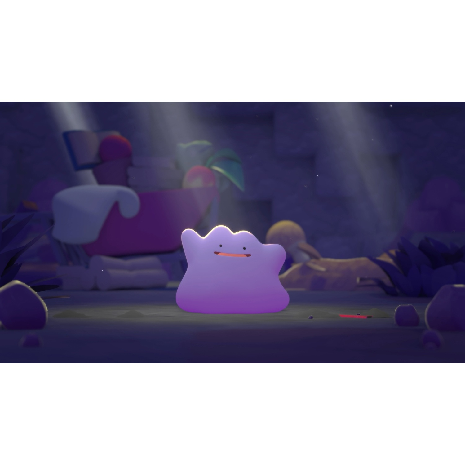 Een paarse Ditto staat op de voorgrond, verlicht door lichtstralen.