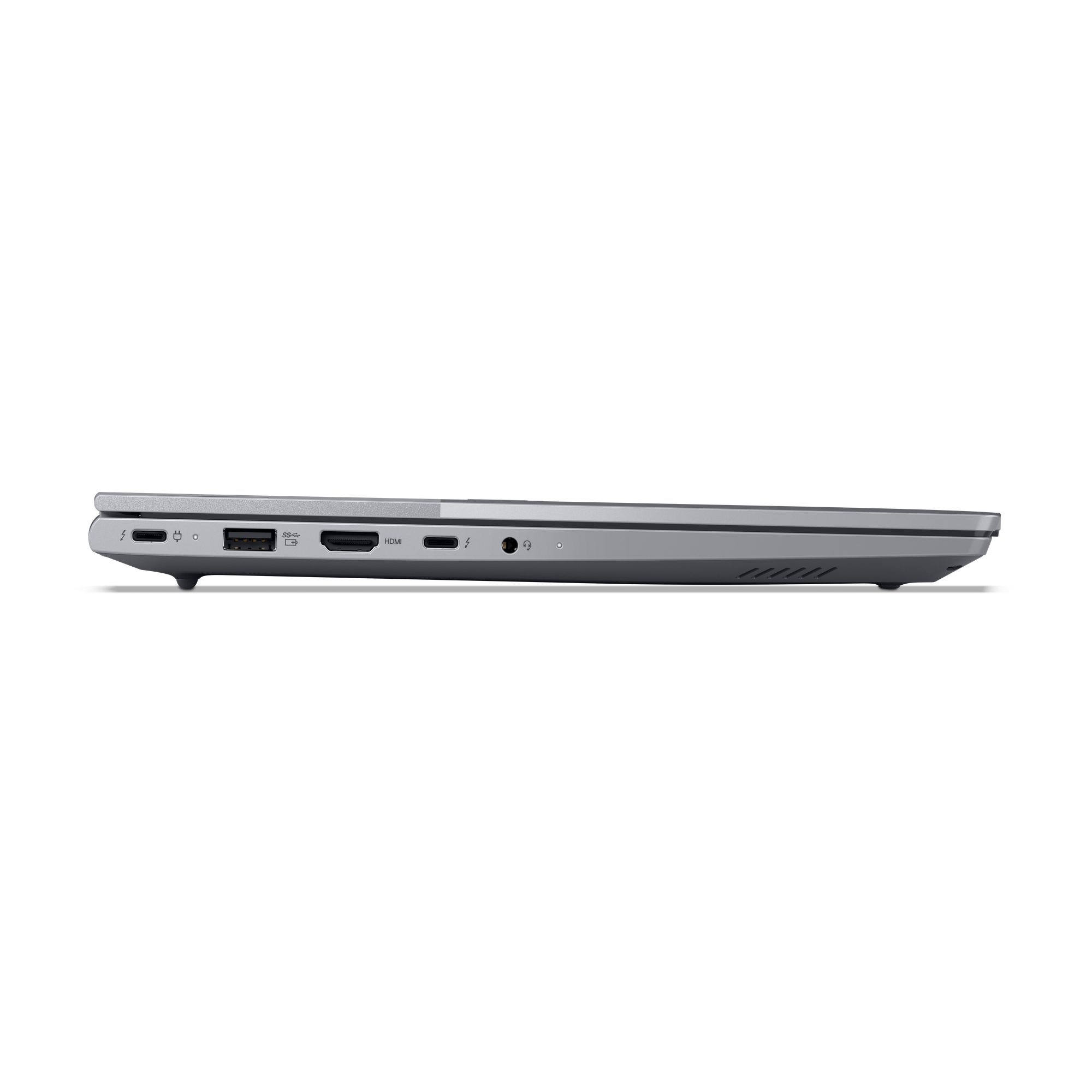 Seite eines Laptops mit Anschlüssen: USB, HDMI, Thunderbolt, Kopfhöreranschluss.