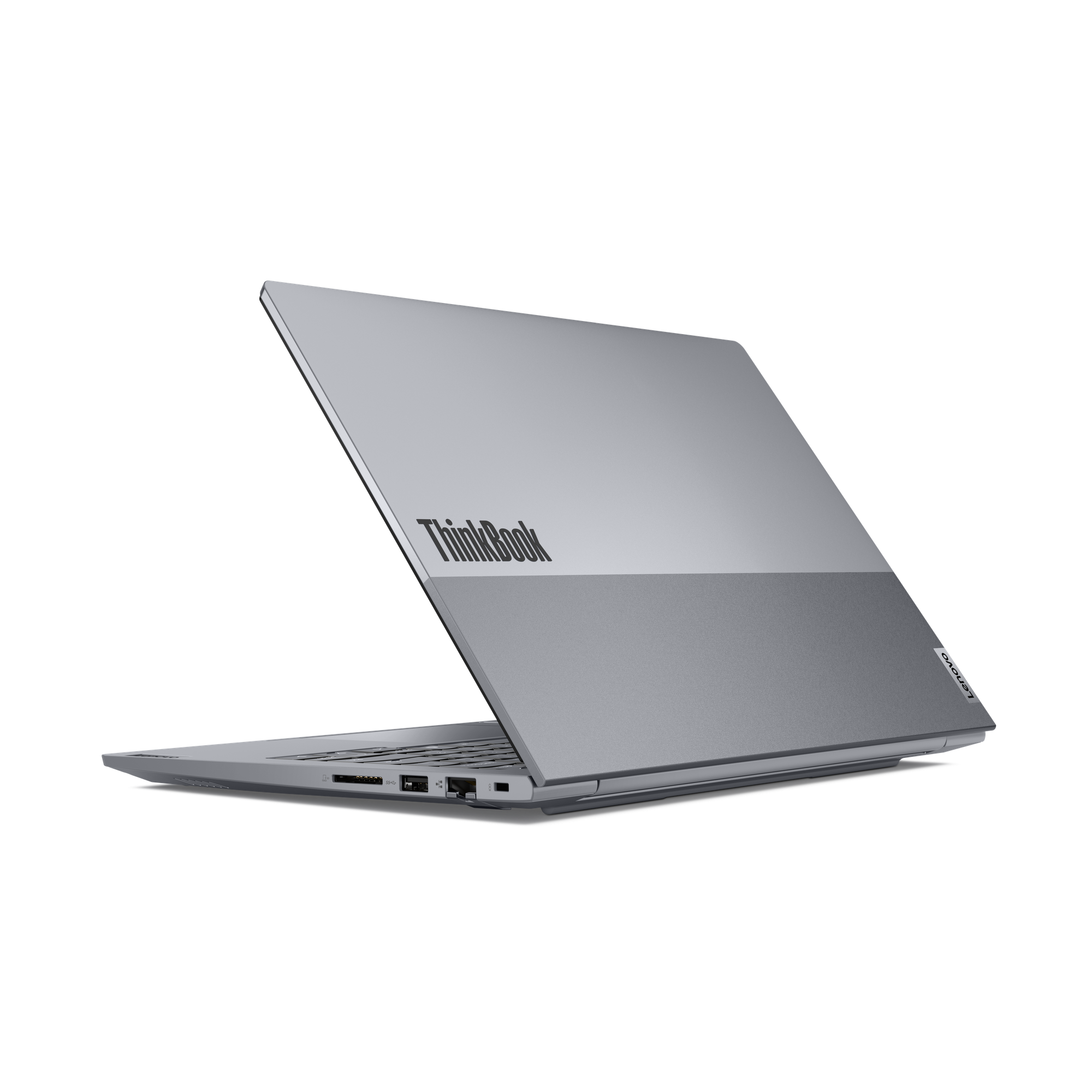 Ein silberner Laptop mit geöffnetem Deckel, Logo "ThinkBook" auf dem Deckel.