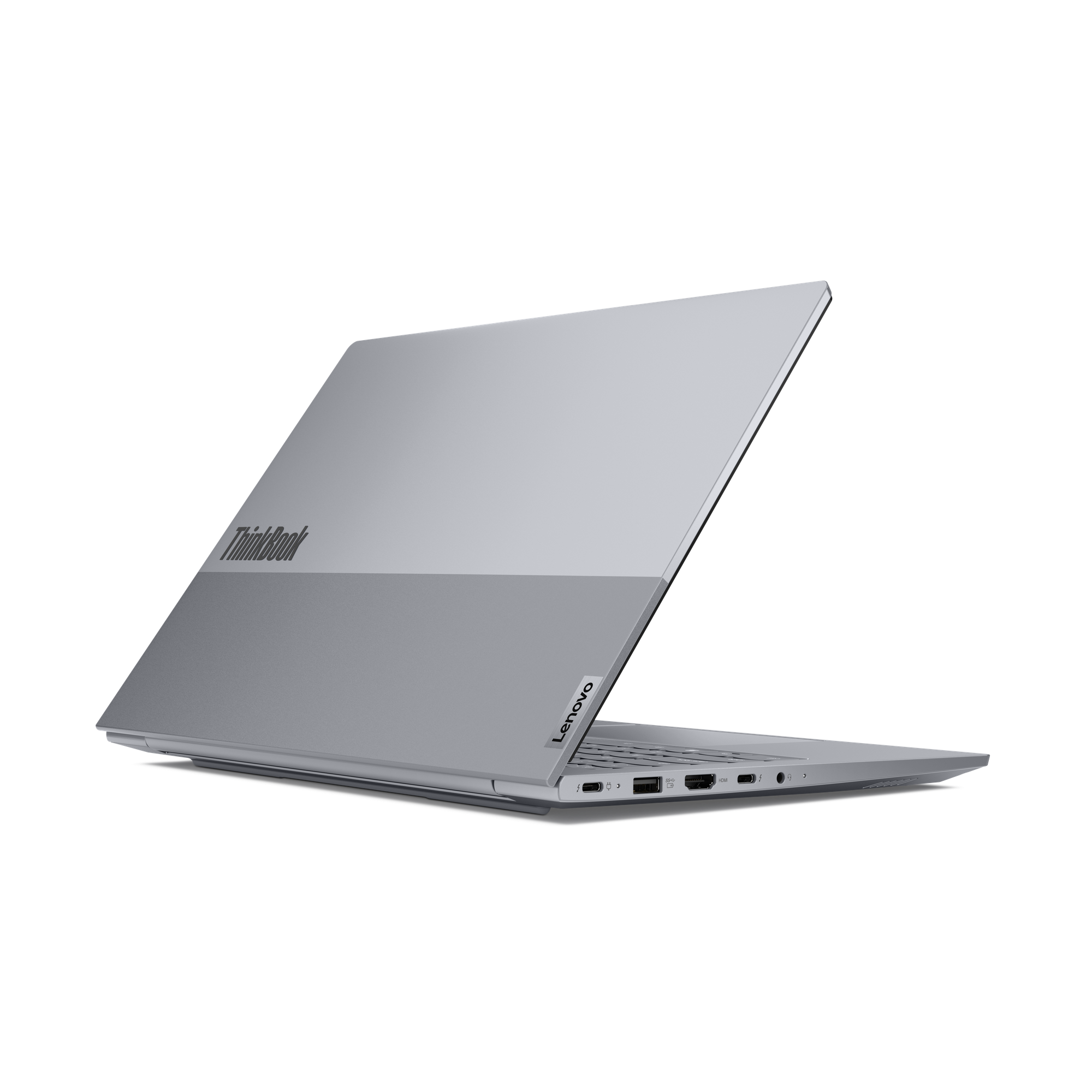 Silberner Lenovo Laptop mit ThinkBook-Logo, geöffnet, Ports sichtbar.