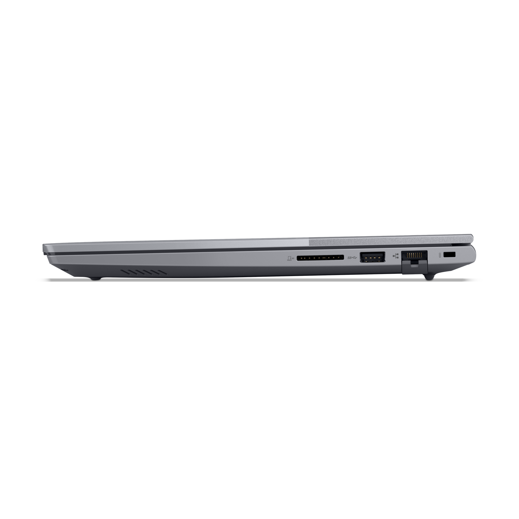 Graues Laptop-Profil mit Anschlüssen: SD-Kartenleser, USB-A, USB-C, Ethernet.