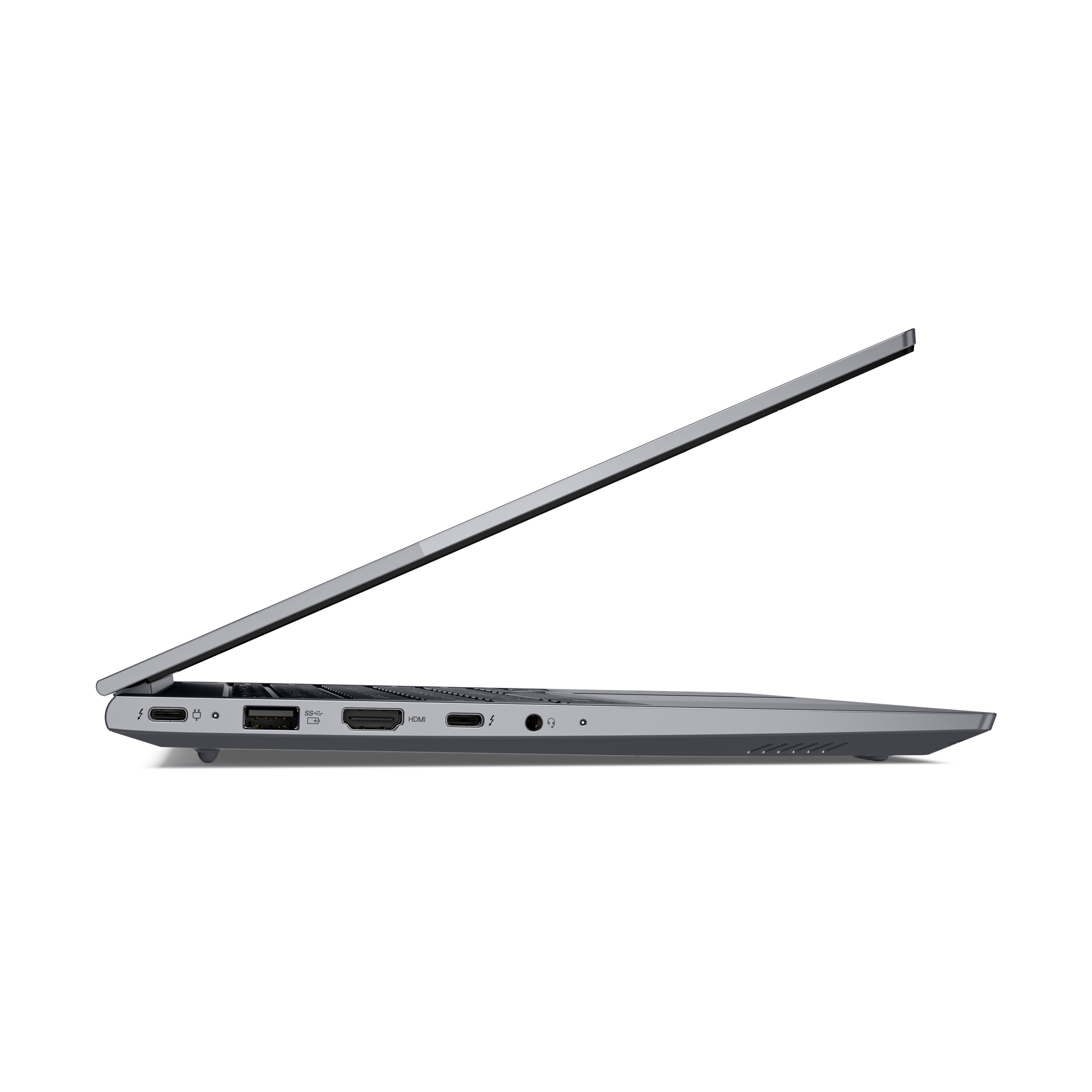 Seite eines geöffneten Laptops mit USB-C, USB-A und HDMI-Anschlüssen.
