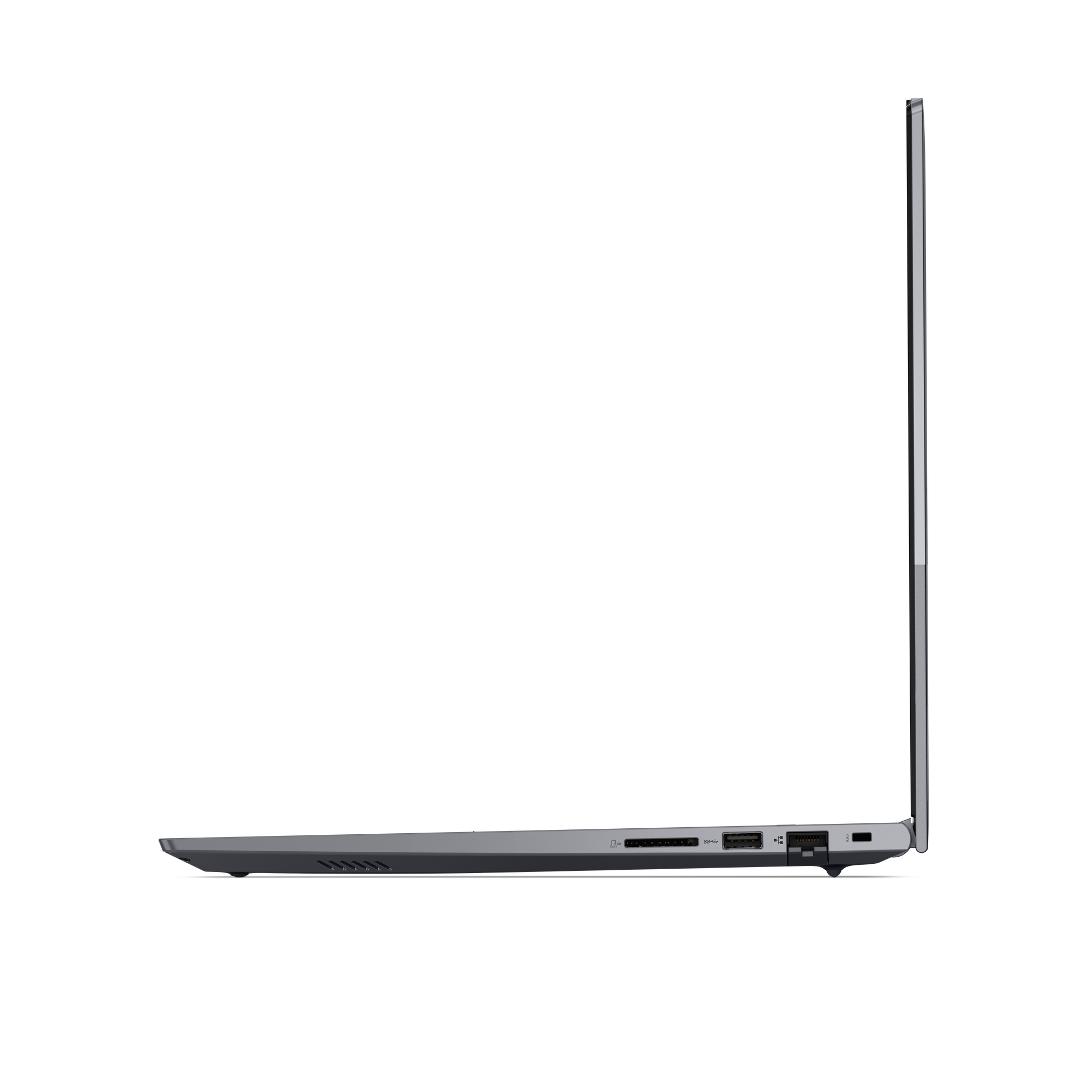 Nahaufnahme des silbernen Laptops mit sichtbaren Anschlüssen: SD-Kartenleser, USB.