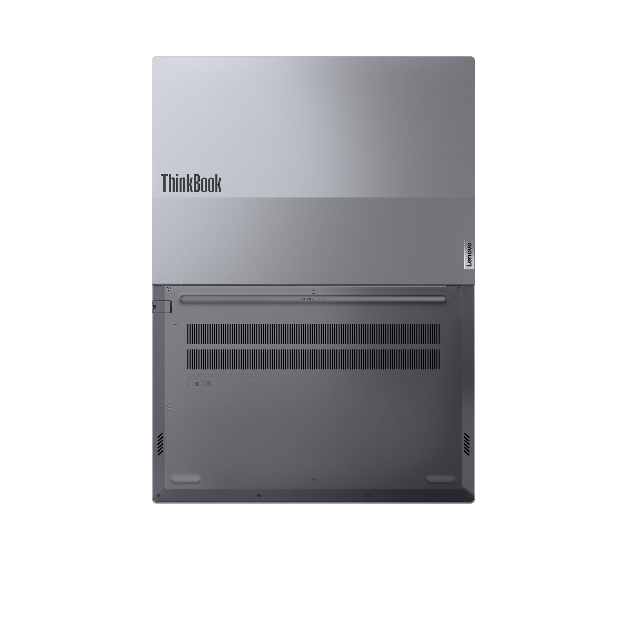 Rückseite eines grauen Laptops mit ThinkBook- und Lenovo-Logo. Lüftungsschlitze.