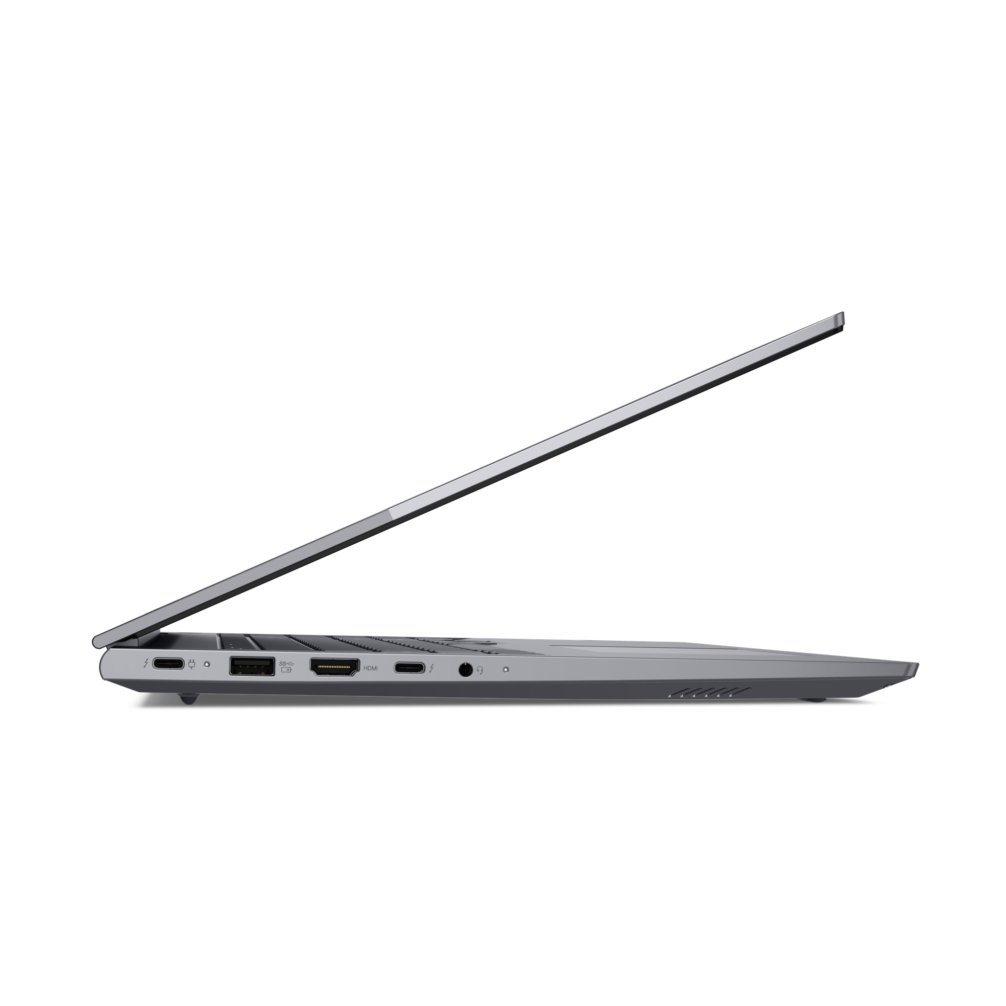 Graues Laptop-Profil mit geöffnetem Deckel, USB-C-, HDMI- und Kopfhöreranschlüssen.