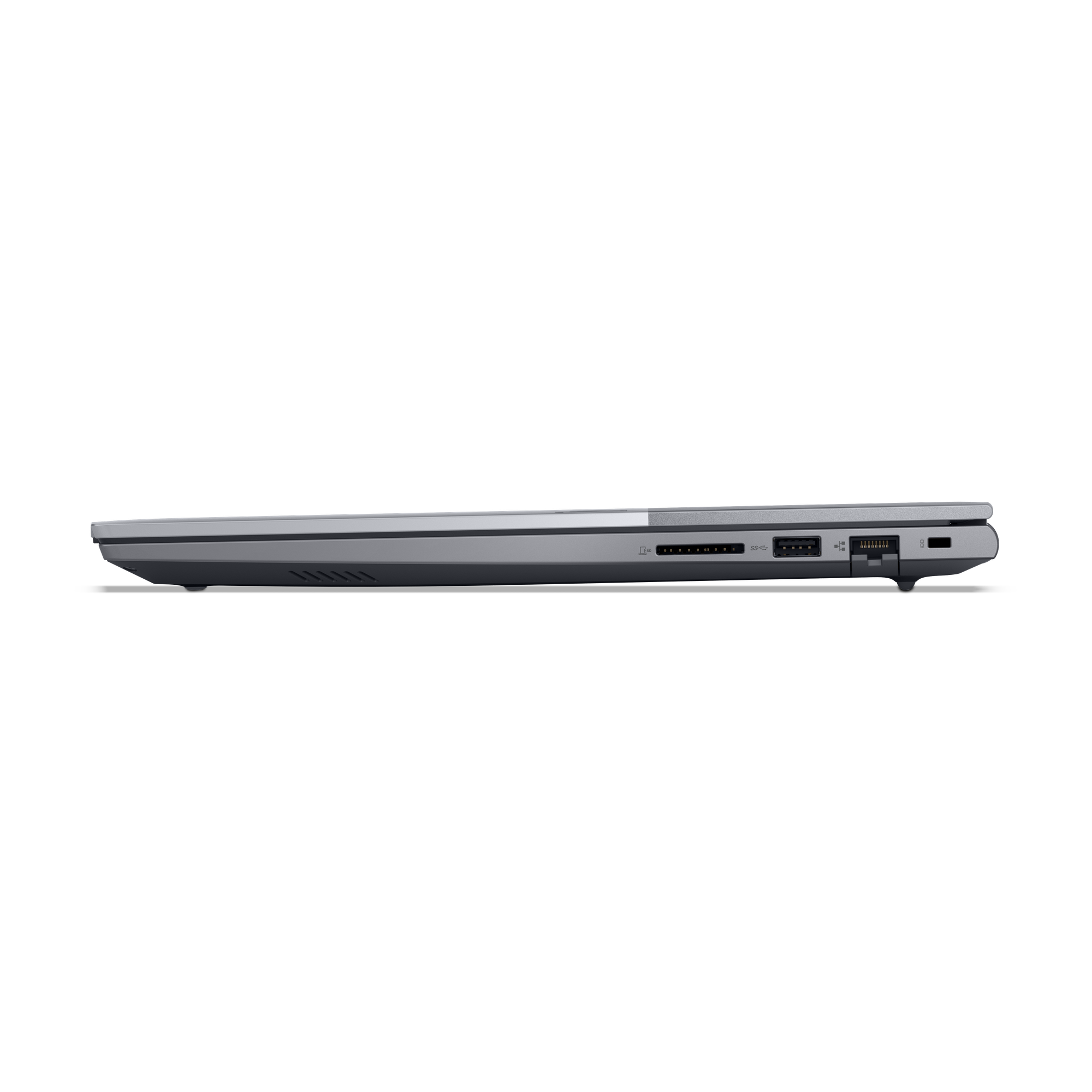 Die Seite eines schlanken grauen Laptops mit Lüftungsschlitzen und Anschlüssen.