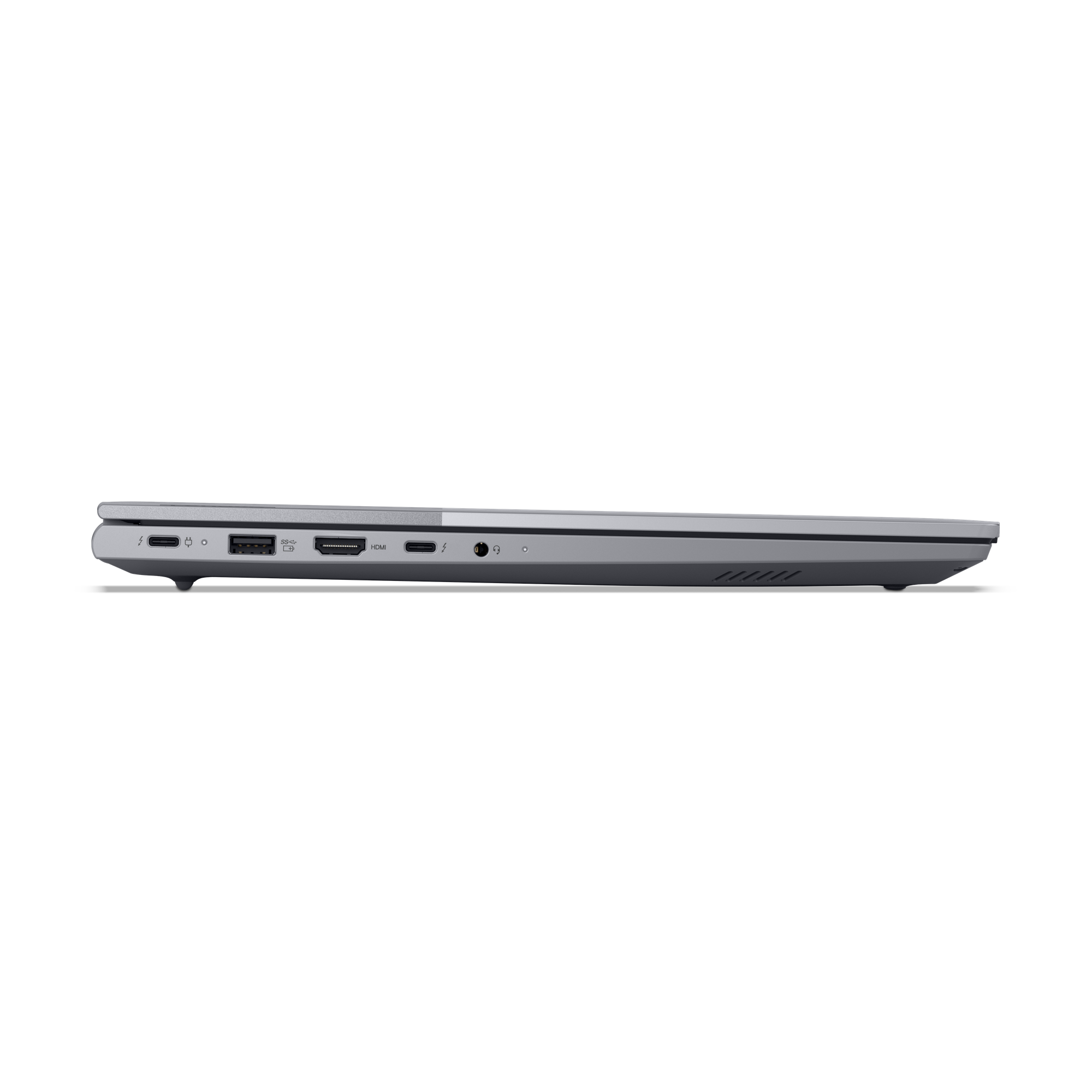 Die Seite eines Laptops mit USB-C-, HDMI- und Kopfhöreranschlüssen.