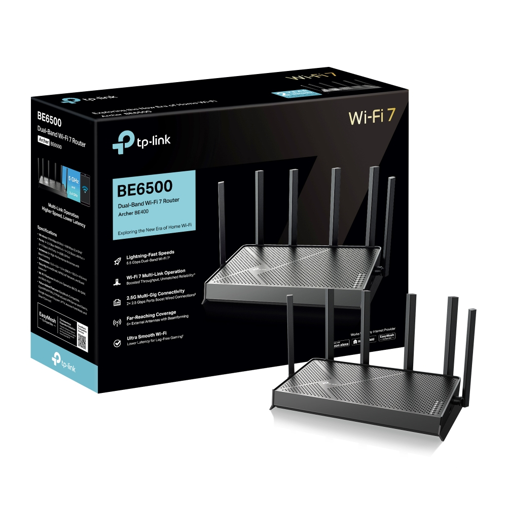 Router Wi-Fi 7 TP-Link Archer BE400 con 6 antenas, sobre y junto a su caja.