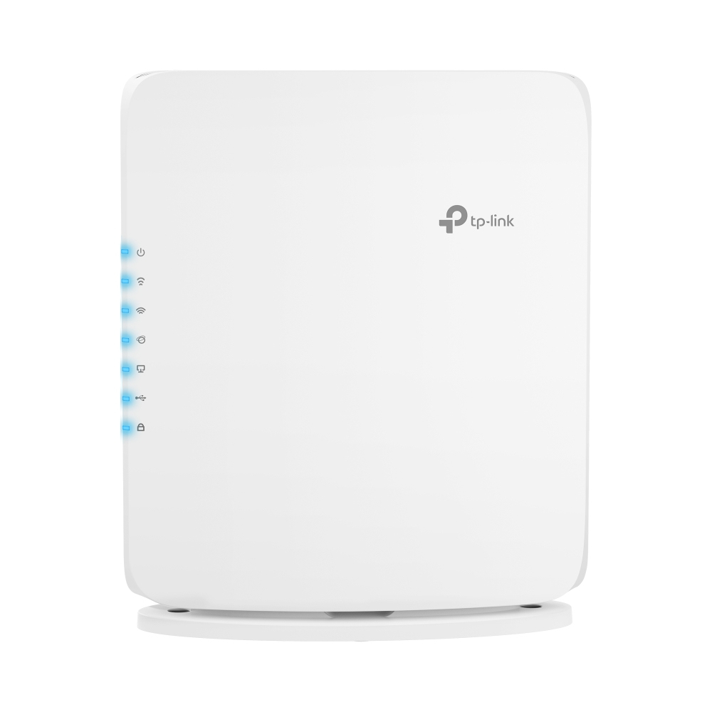 Un router Wi-Fi TP-Link blanco con indicadores LED azules en el lado izquierdo.