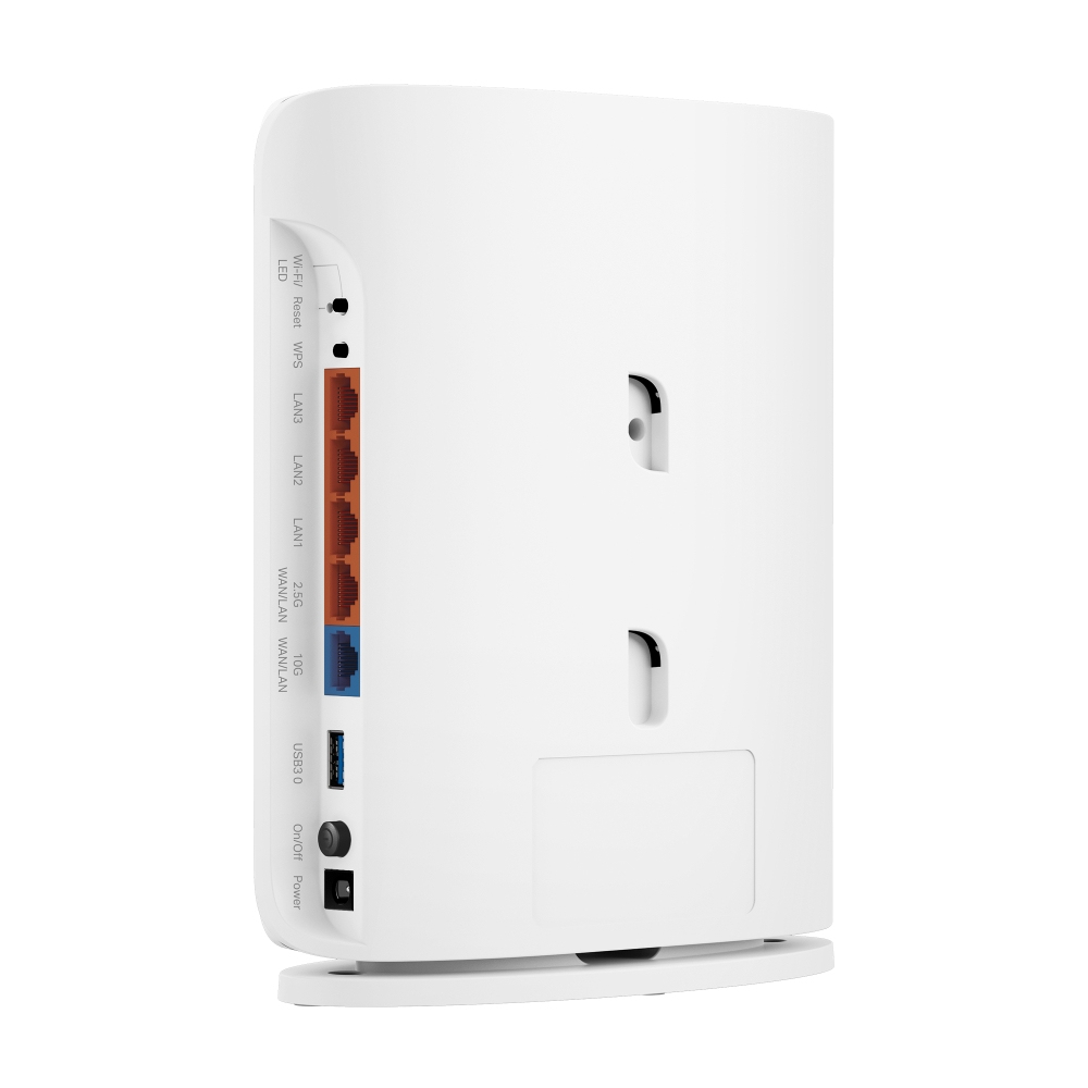 Caja blanca con puertos: LED, Reset, WPS, LAN1-3, WAN/LAN, 2.5G, 10G, USB 3.0, Power.