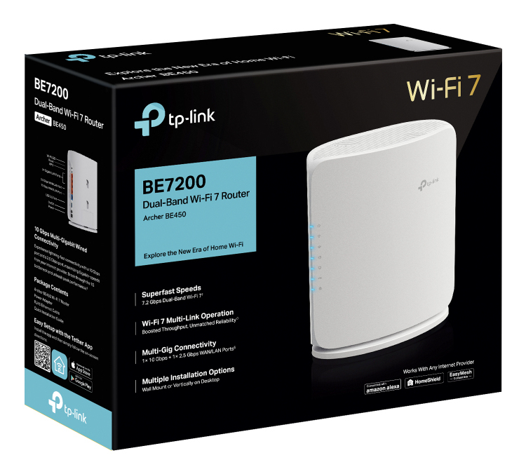 Embalaje del router TP-Link Wi-Fi 7 mostrando el router y características.