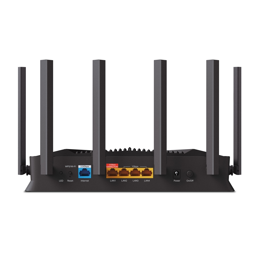 Vista trasera de un router negro con seis antenas y puertos.