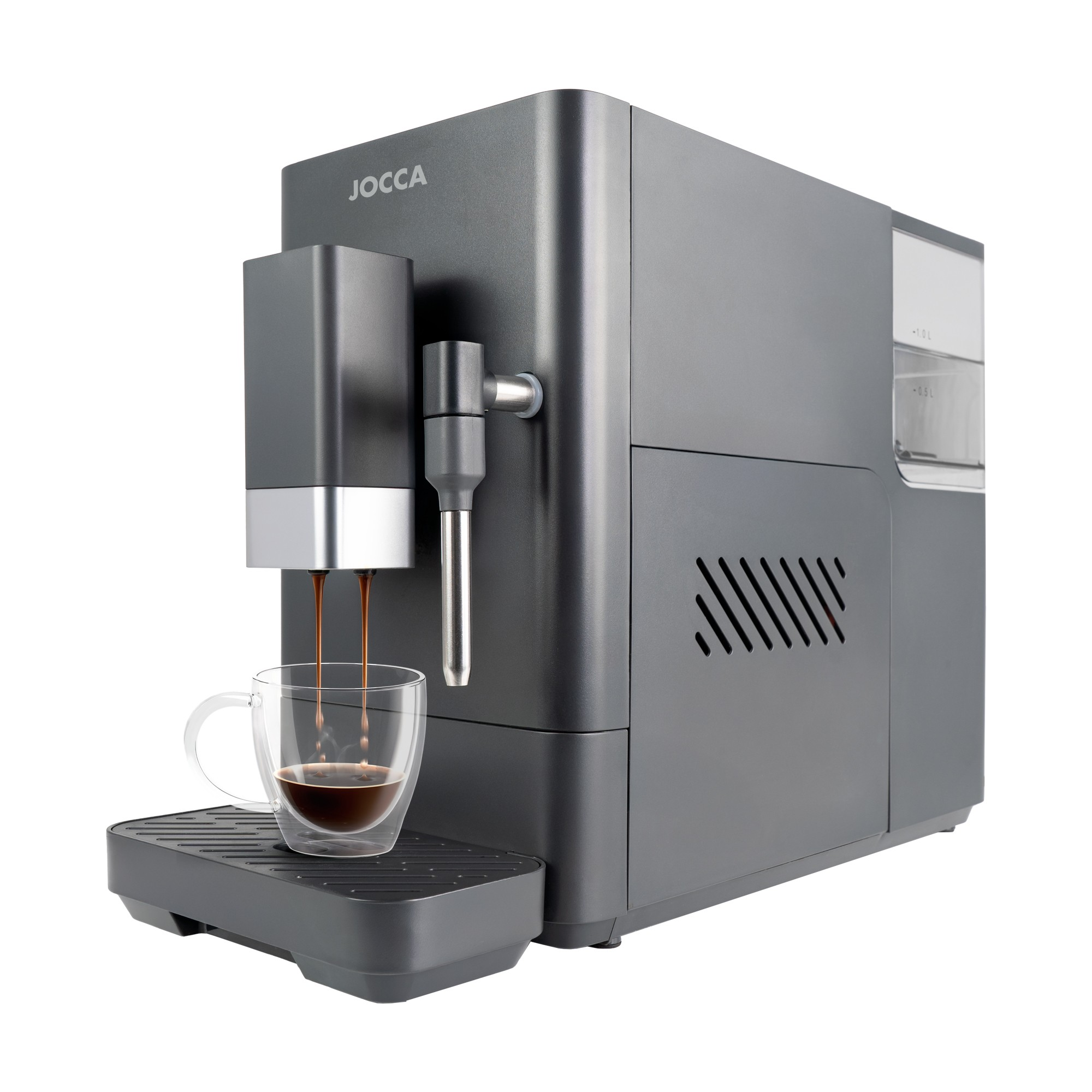Una cafetera gris prepara café en una taza de doble pared de cristal.