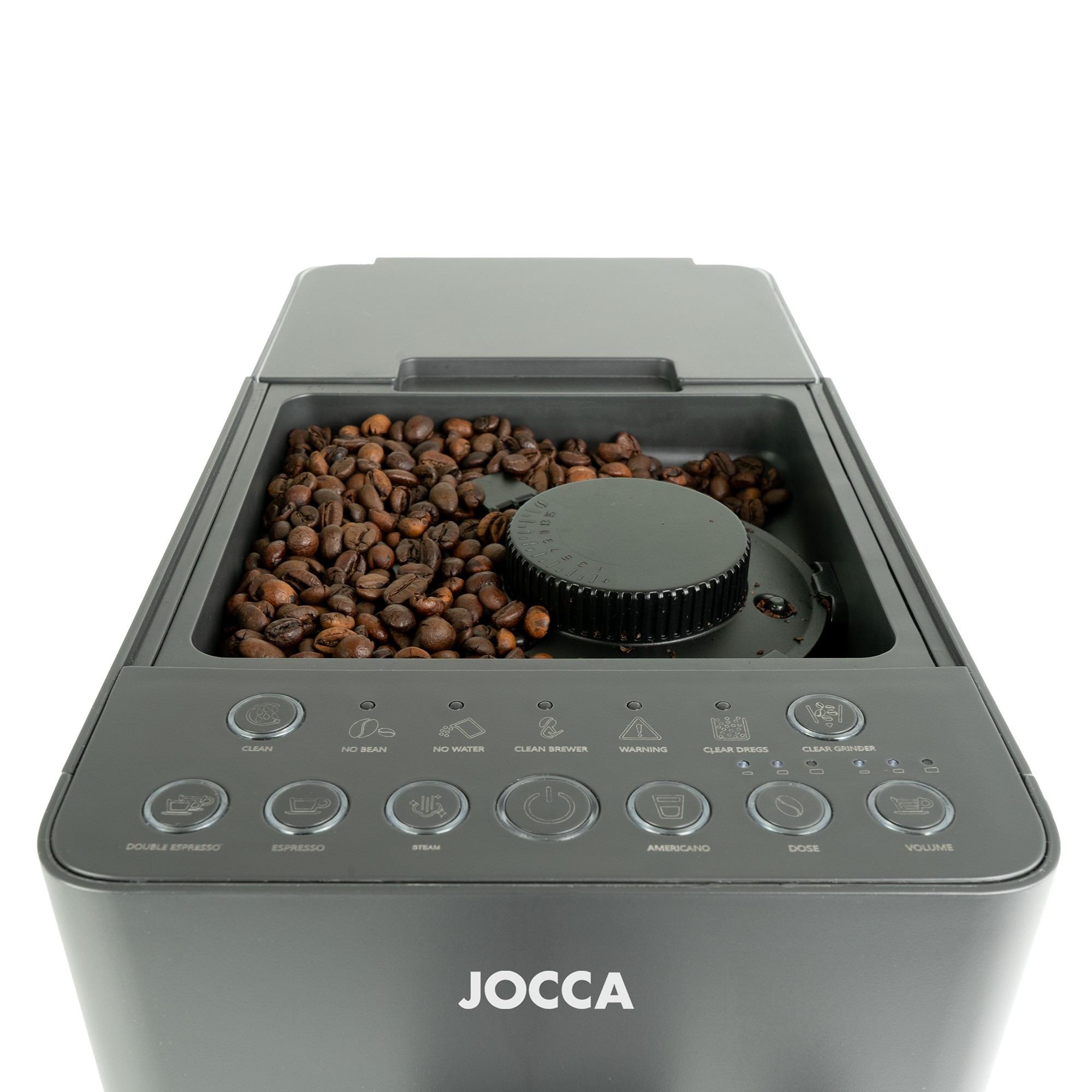Una cafetera gris oscuro con un compartimento lleno de granos de café tostados.