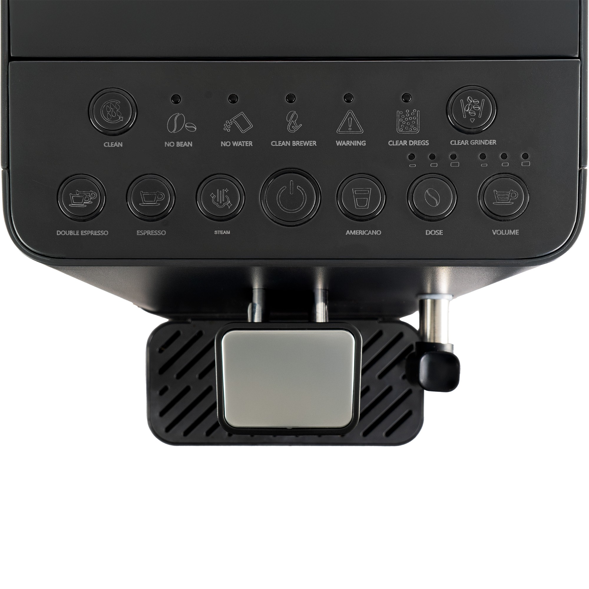 Cafetera negra con varios botones de control e iconos.