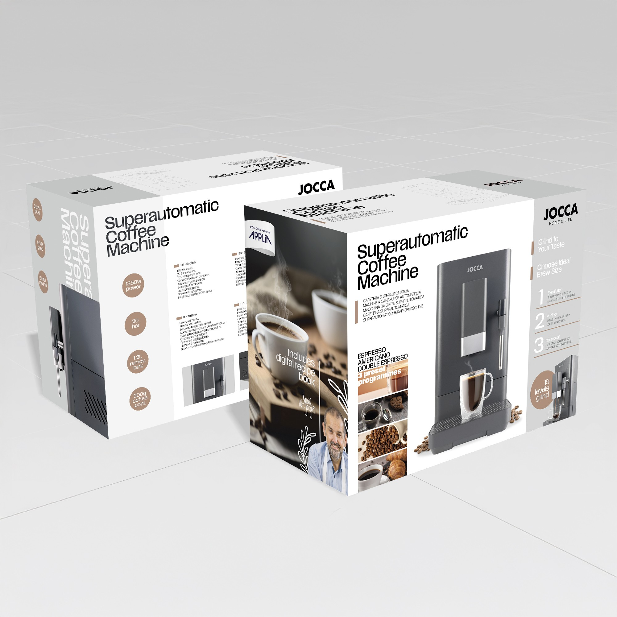Dos cajas de cafeteras superautomáticas JOCCA, una con un hombre y café, la otra con una cafetera.