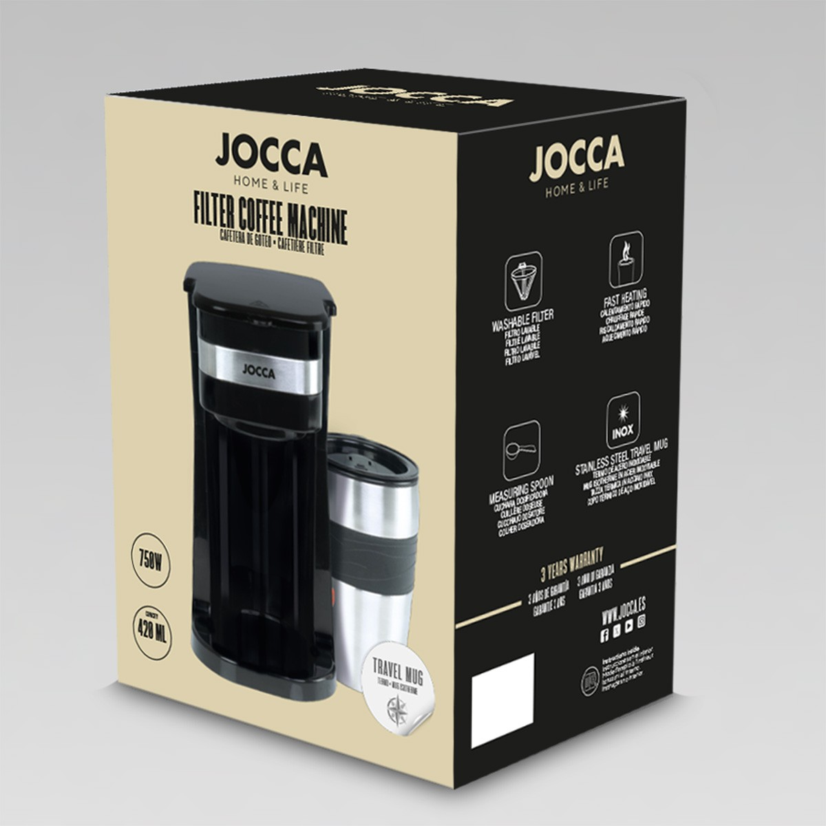 Cafetera de filtro Jocca con taza de viaje, 750W, capacidad 420ml.