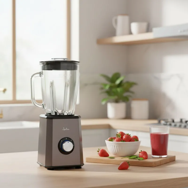 Una licuadora está sobre el mostrador de una cocina junto a un tazón de fresas y un vaso de jugo.