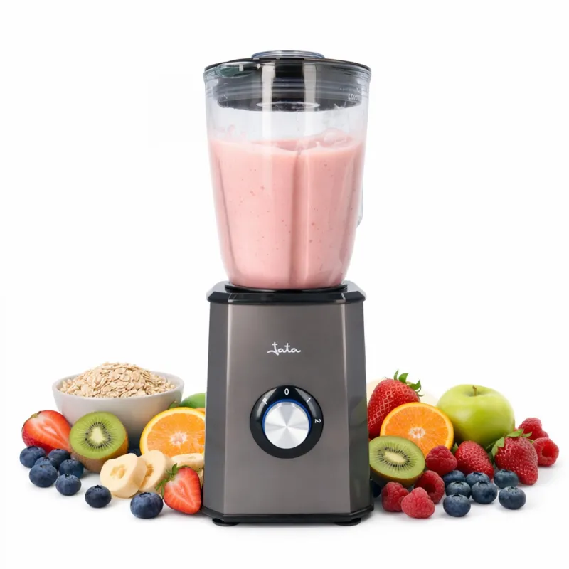 Una licuadora con batido rosa y frutas como bayas, kiwi, naranja y manzana.