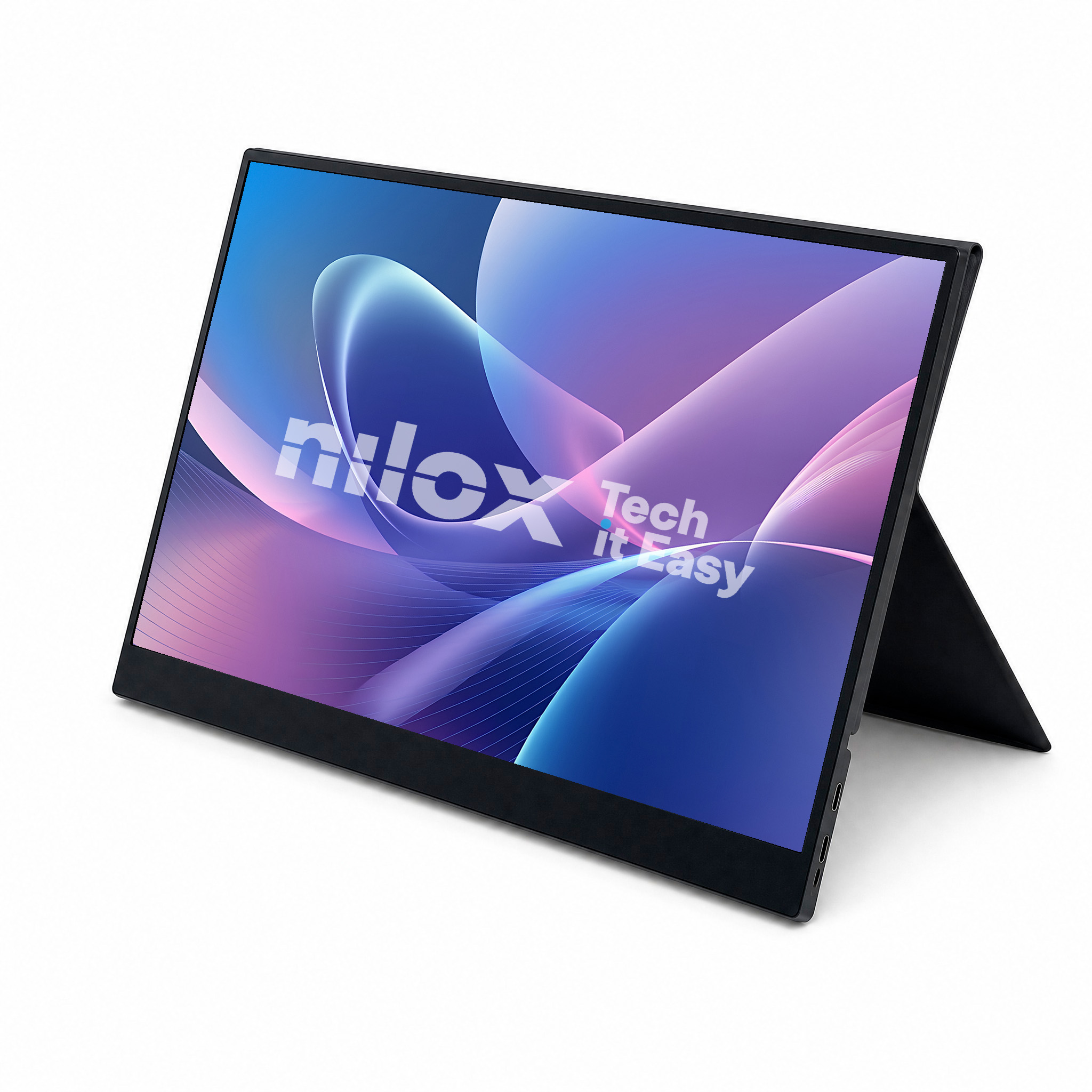 Un monitor portátil con logo Nilox y fondo abstracto.