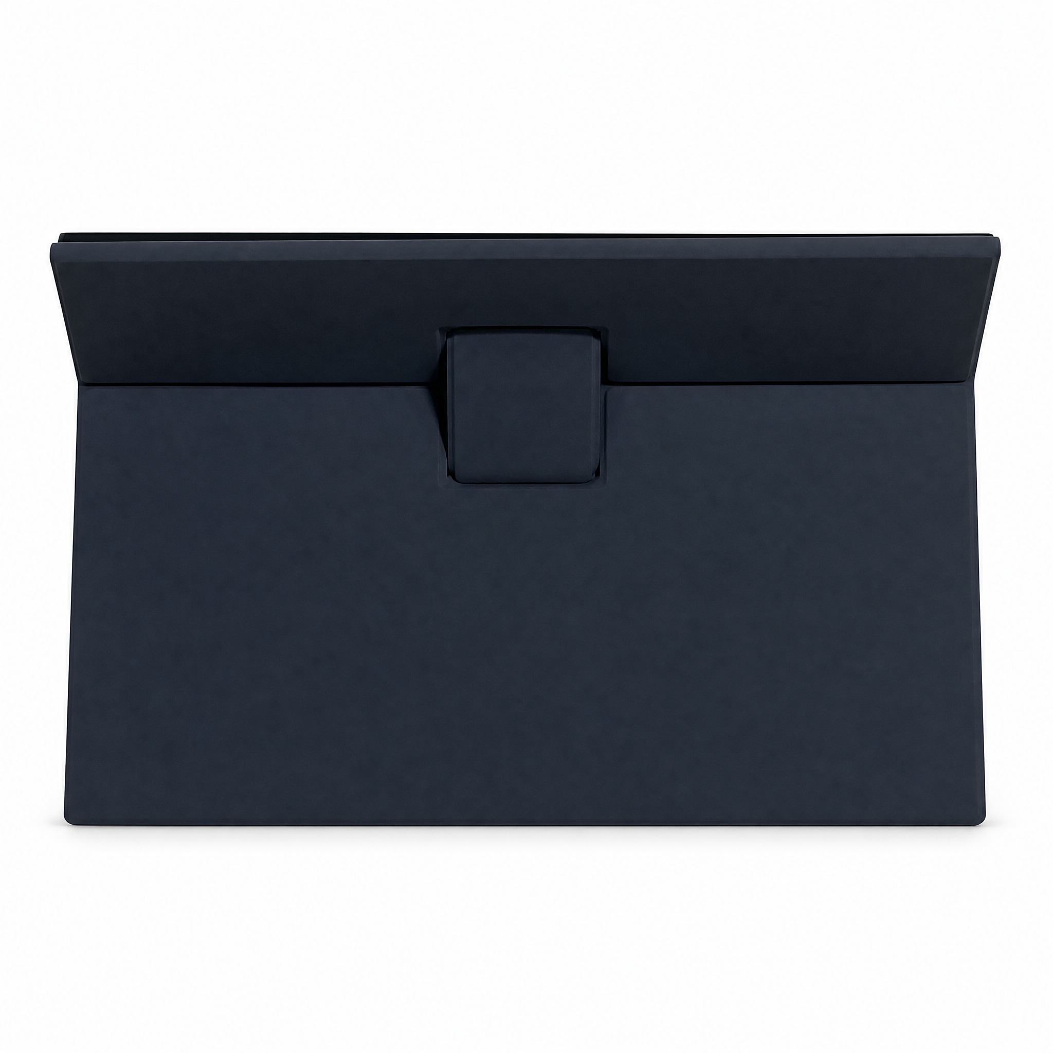 Un estuche azul oscuro, rectangular, yace sobre fondo blanco.