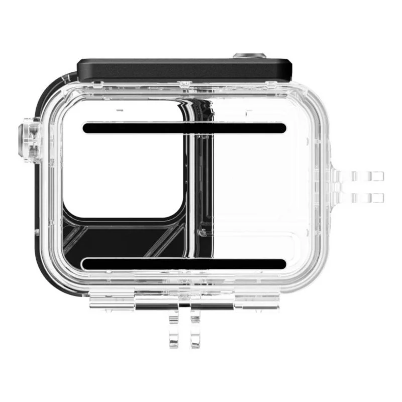 Funda protectora transparente con tapa negra y soportes de montaje.
