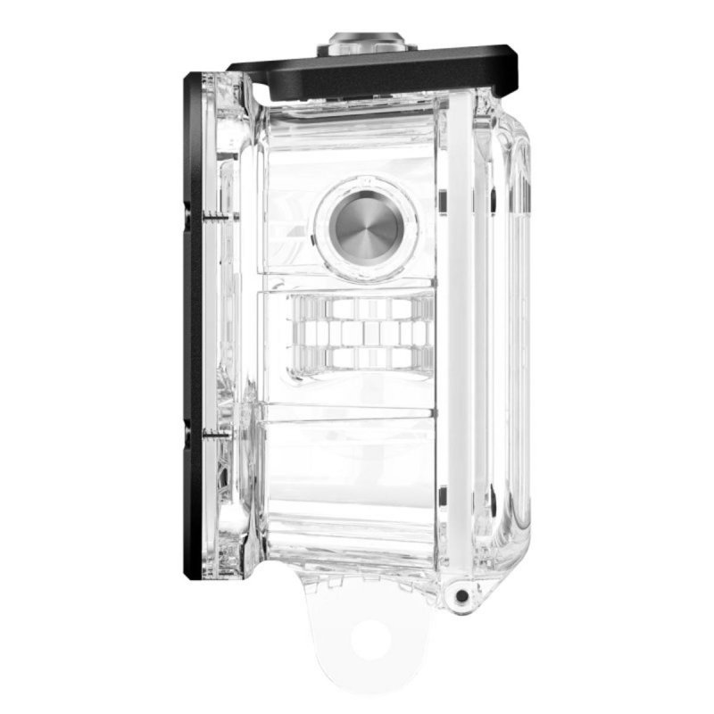 Funda protectora transparente con tapa negra y botón plateado.
