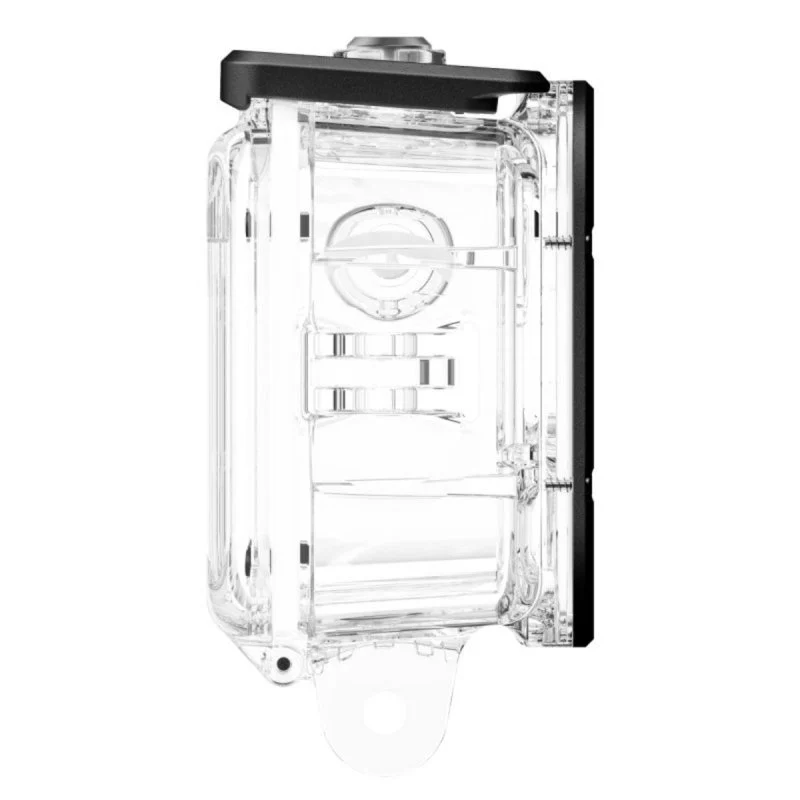 Una carcasa de cámara de plástico transparente con parte superior y trasera negras, sobre fondo blanco.