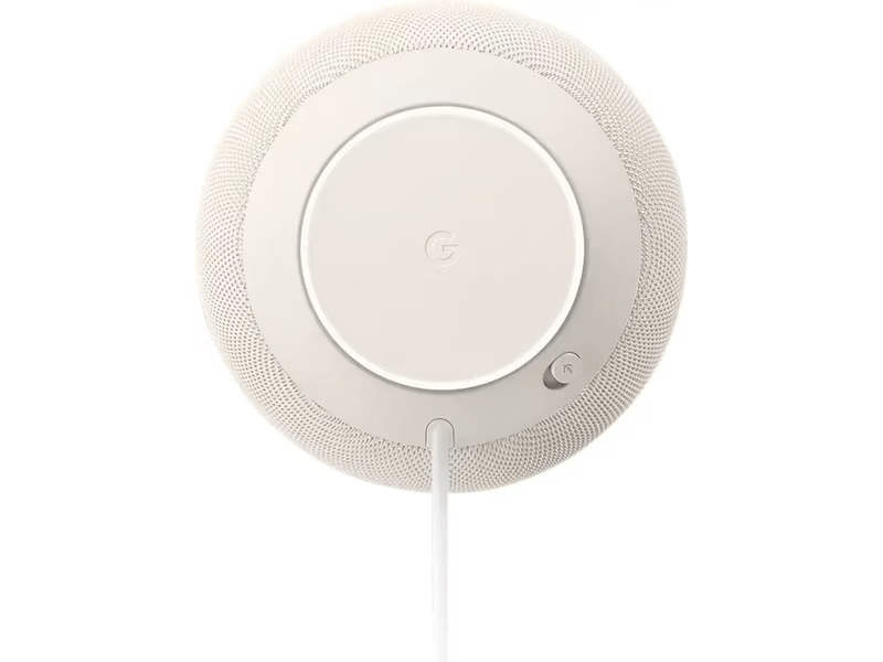 Parte inferior de un Google Nest Mini blanco con cable de alimentación y botón.